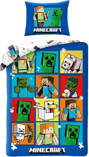 Parure de Lit Minecraft Update Bleue, Housse de Couette Réversible