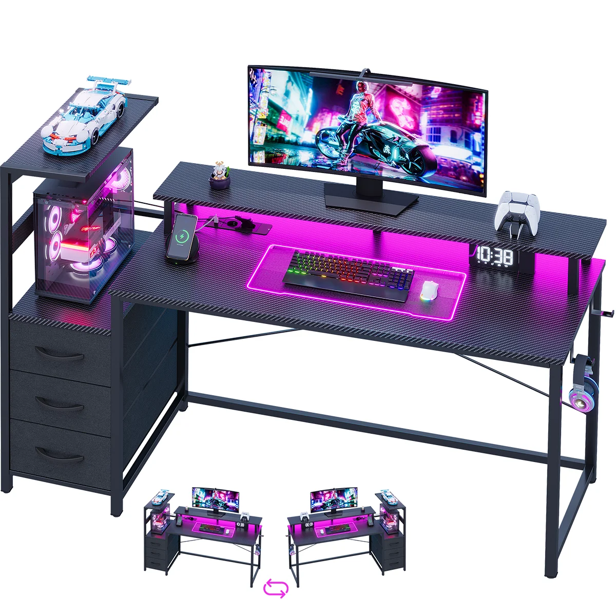 Mihtrov +Bureau Gaming Angle avec LED et Prises, 148x48x148 cm
