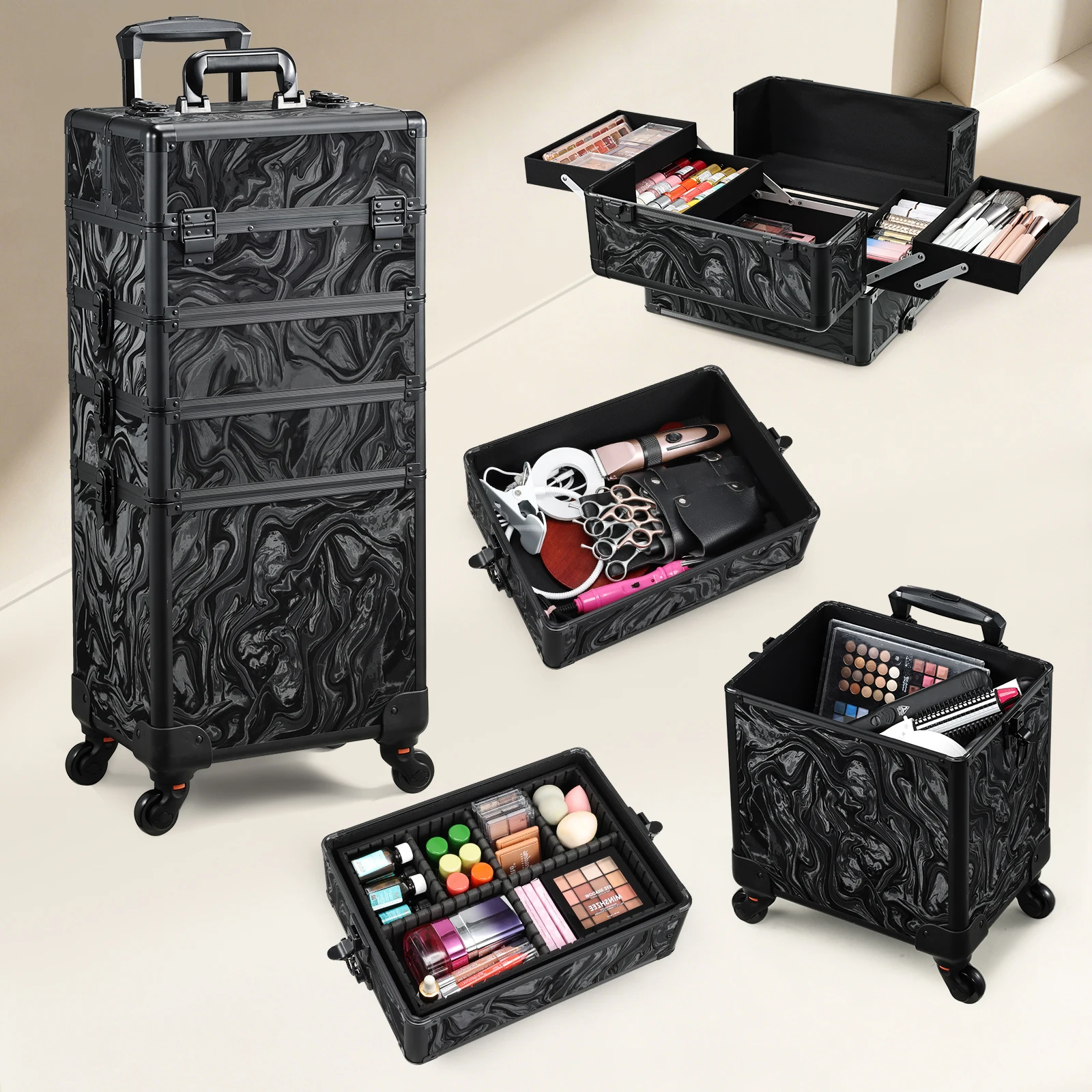 Valise de maquillage roulante professionnelle 4-en-1 avec 4 plateaux, grande