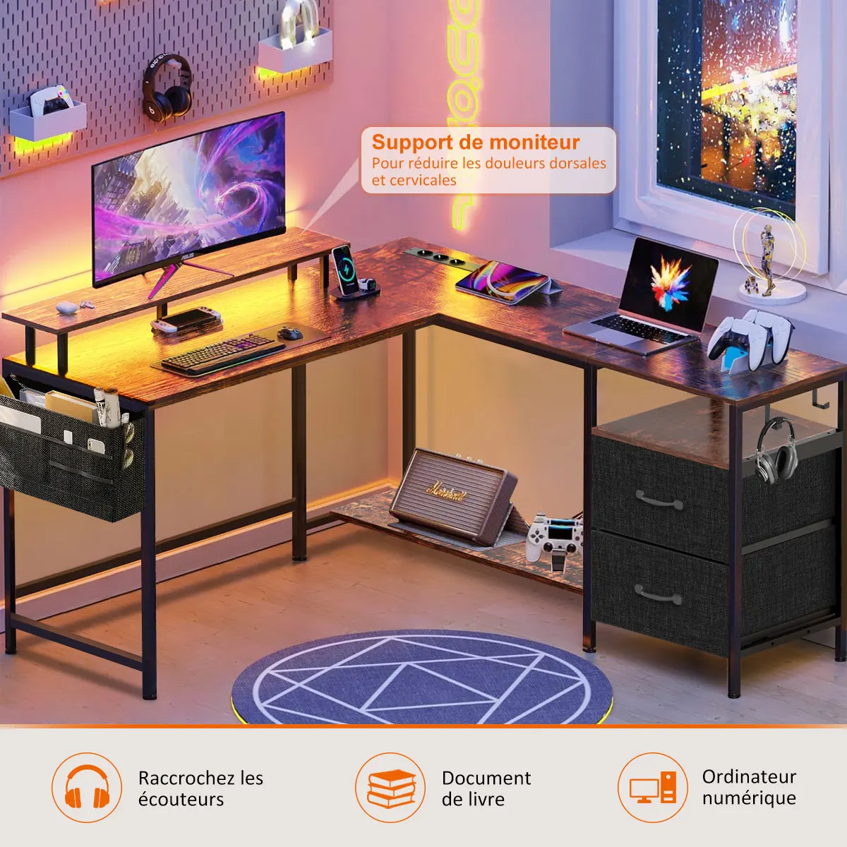 Bureau de jeu en forme de L Mihtrov avec étagère