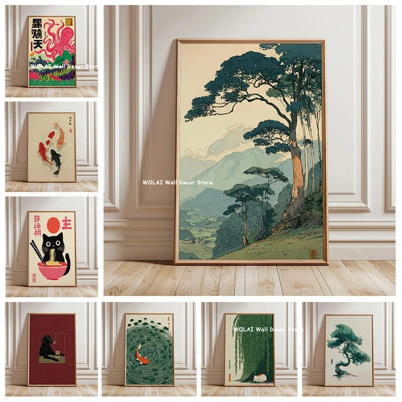 Toile de peinture à l'eau Zen rétro japonaise forêt et