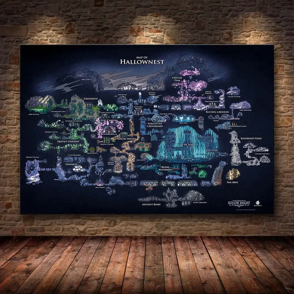 Affiche de jeu Hollow Knight Hallownest Map, toile HD pour
